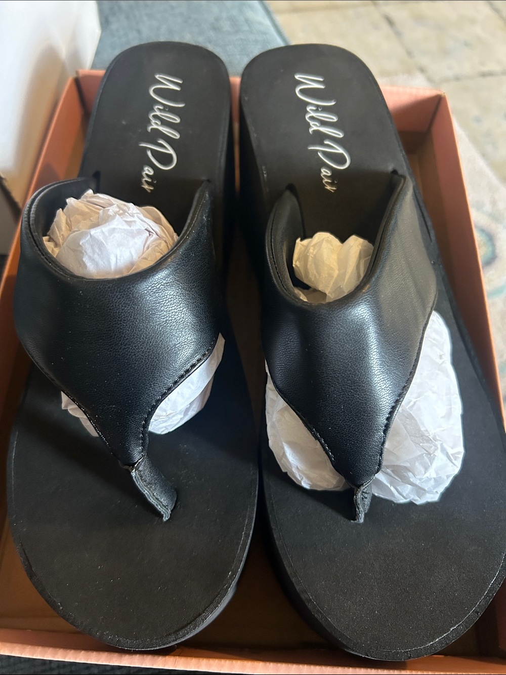 Wild Pair Black Thong Wedge Sandals with Cushioned Footbed